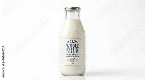 Fresh whole milk bottle, dairy product, glass container, white background