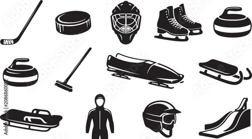 Cuadro en lienzo Set of black and white winter sports featuring a hockey stick, puck, goalie mask