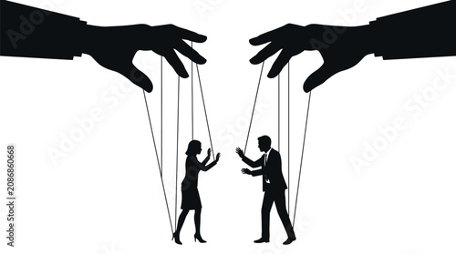 Minimalist black vector illustration showing large hands manipulating a man and woman like marionette puppets