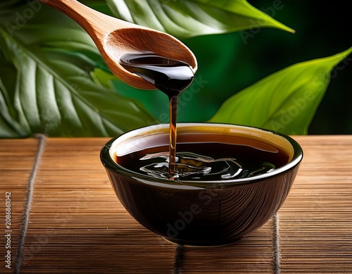 bowl of dark seaweed vinegar with threads of mozuku and a wooden spoon pouring liquid against a textured wooden surface and green leaves in background