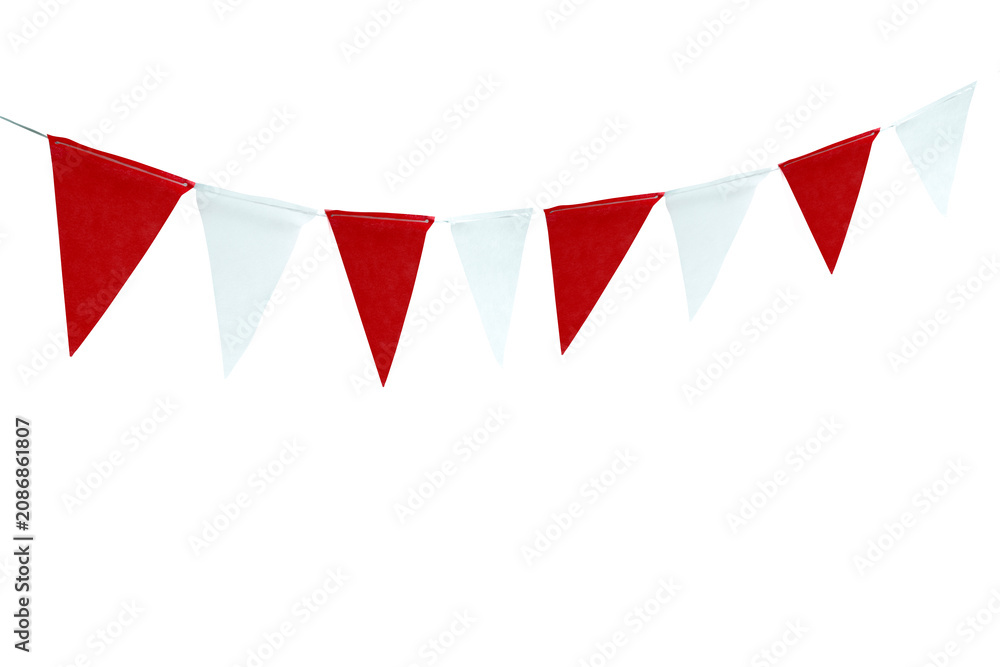Obraz premium A festive string of red and white triangular bunting flags isolated on a black background, perfect for celebrations, sporting events, or party decorations