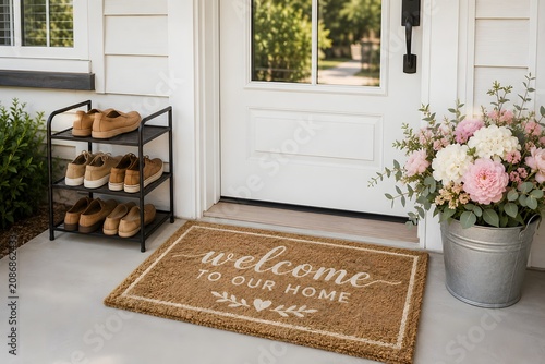 A welcoming home entrance features a coir doormat with the word 