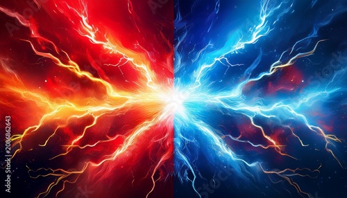 lightning collision red and blue background versus banner powerful colored lightnings and the flash from the collision confrontation concept competition vs match game