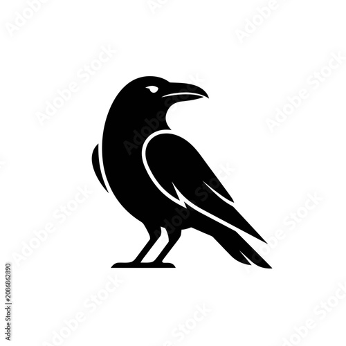 Black Raven Silhouette Icon on White Background