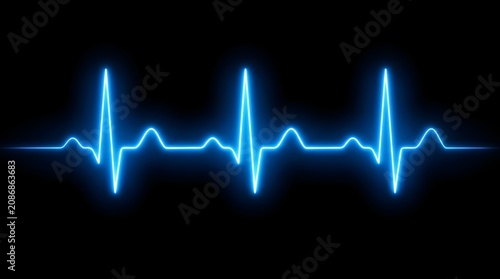 Glowing Blue Heartbeat Pulse Line On Black Background Medical ECG Signal Visualization Display