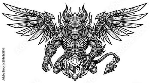 Cyberpunk Demon Warrior with Mechanical Wings and Tech Shield