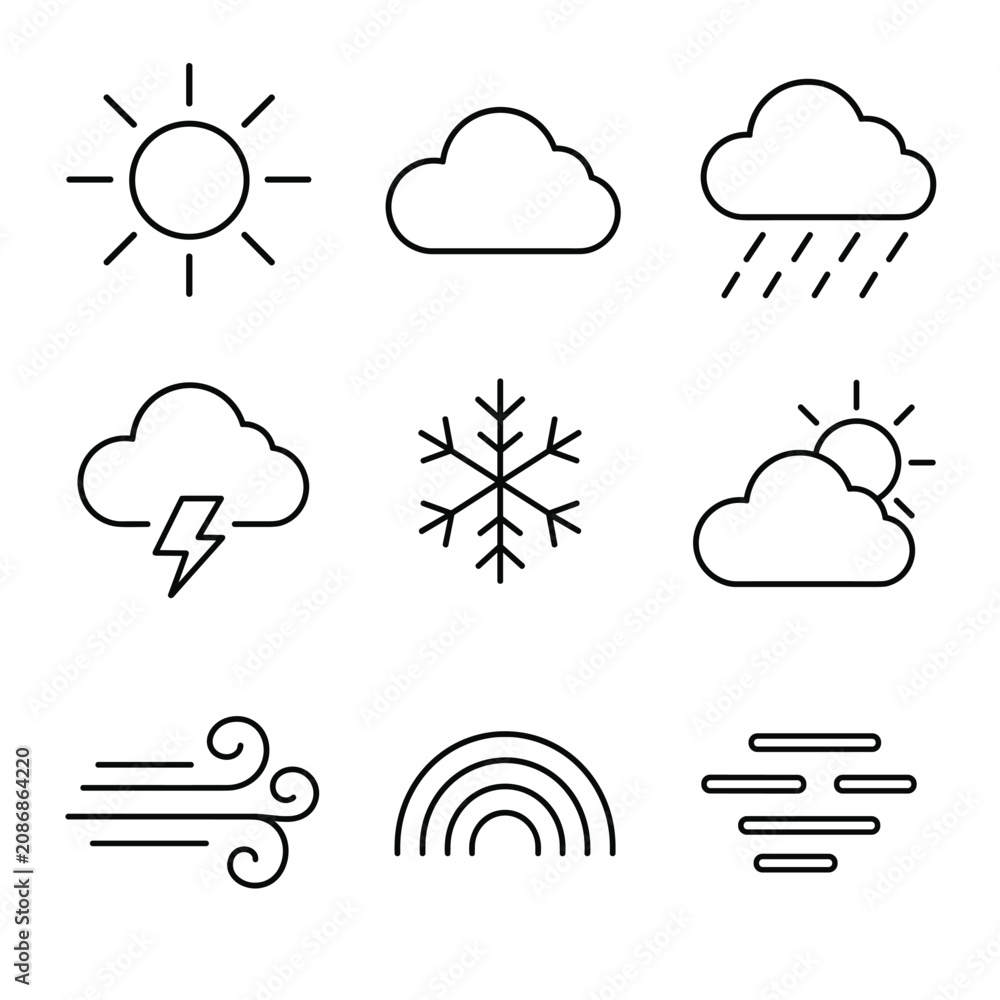 Naklejka premium Weather forecast vector icons set featuring sun, cloud, rain, lightning storm, snowflake, wind, rainbow, and fog outline symbols