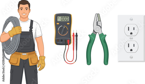 Konstfotografi Male electrician character holding wire coil cartoon professional vector illustr