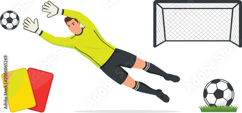 Tableau sur toile Soccer goalkeeper diving to save ball cartoon character sports vector illustrati