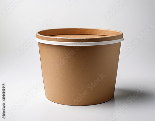 ice cream tub made from kraft paper against a white background the container is plain with no design or text on the lid or body