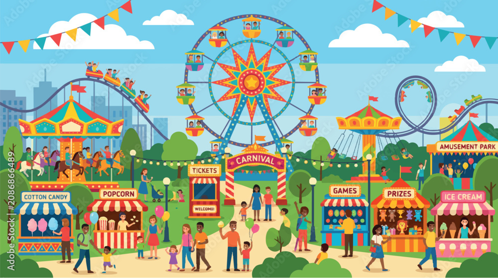 Φωτογραφία Colorful Funfair and Amusement Park Illustration with Roller Coaster, Ferris Whe