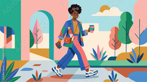 Stylish Black Woman Walking in Colorful Abstract Urban Park with Coffee and Phone
