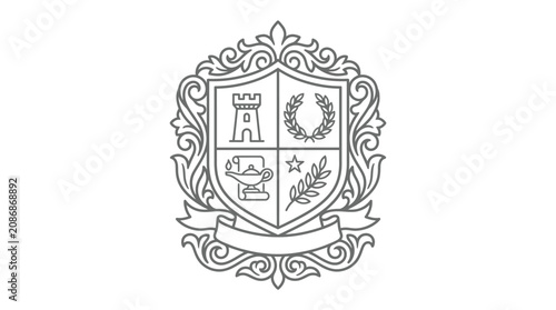 Sleek Black and White Ornate Shield Emblem with Castle Lamp Laurel Wreaths Star and Scroll Design