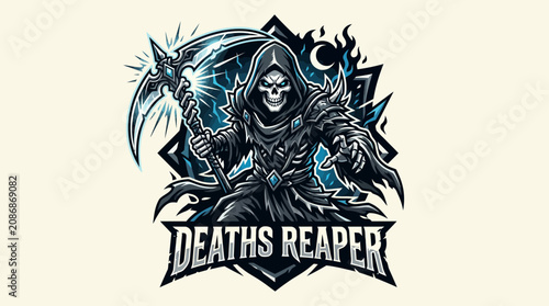 Fotografie Grim Reaper with Scythe, Spooky Skeleton Warrior, Dark Fantasy Character Illustr