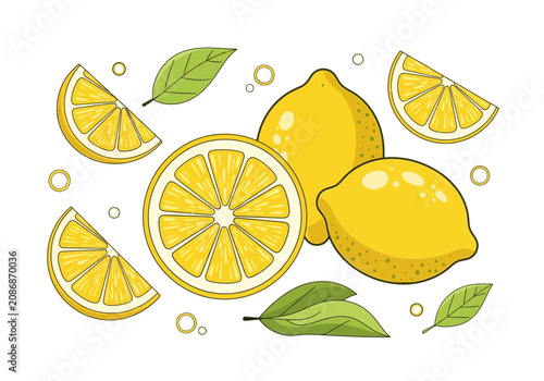 Bild auf Leinwand Lemons and Lemon Slices with Leaves.
