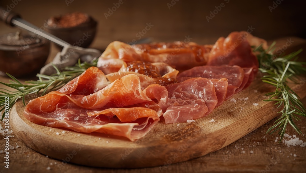 Fototapeta premium Cured meats like jamon serrano, jamon iberico, smoked sausage, and prosciutto on a wooden board with a rustic backdrop.