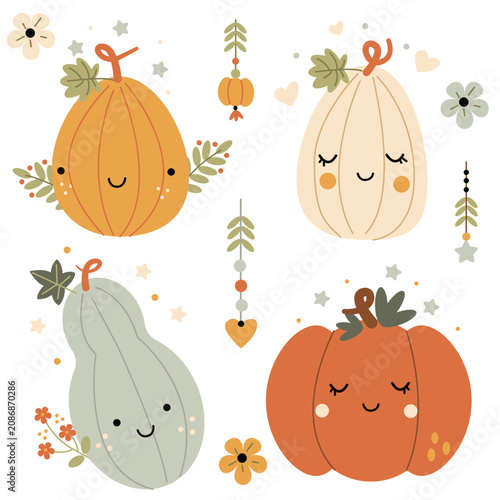 A set of cute little pumpkins decorated with leaves and flowers