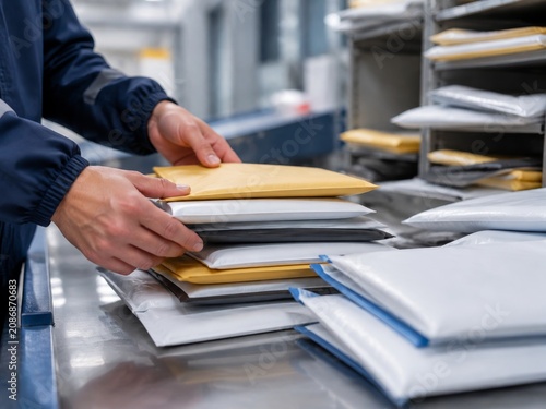 Postal worker sorting packed mail envelopes and poly mailers for shipping and delivery in facility