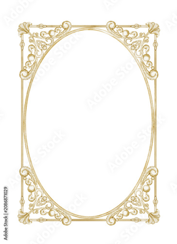Watercolor wrought iron rectangular frame. Illustration of vintage baroque golden border for wedding invitations, certificates, luxury stationery and feminine branding projects. Template for cards.