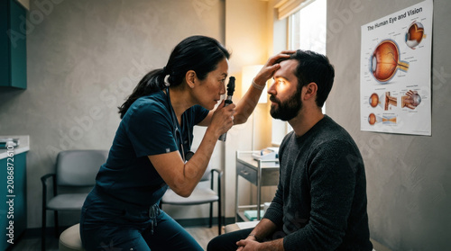 Optometrist Examines Patient's Eye Using Ophthalmoscope In Clinic