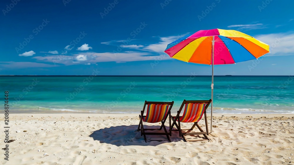 Fototapeta premium Colorful beach umbrella with lounge chairs on tropical sandy beach and turquoise ocean under blue sky