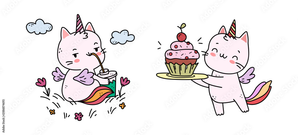 Obraz premium Cute cat unicorns interacting with sweets and drinking. Vector cartoon characters in dreamy fantasy theme. Nursery decor and stickers, kids websites and magical brand identity elements