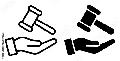 Cuadro en lienzo Set of legal and justice icons showing a hand holding a judge gavel in black and