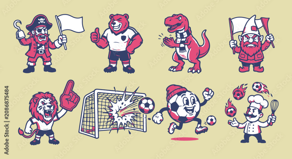 Fototapeta premium Vintage Sports Mascot Set with Soccer Characters and Icons