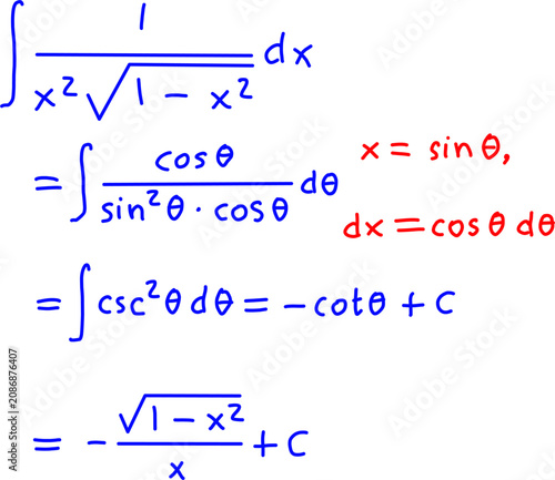 Step-by-step calculus solution using trigonometric substitution to evaluate an integral with radicals, shown with clear mathematical notation.