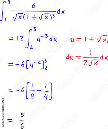 Photography Step-by-step definite integral solution using u-substitution with radicals, clearly showing calculus methods and evaluation on a clean white background