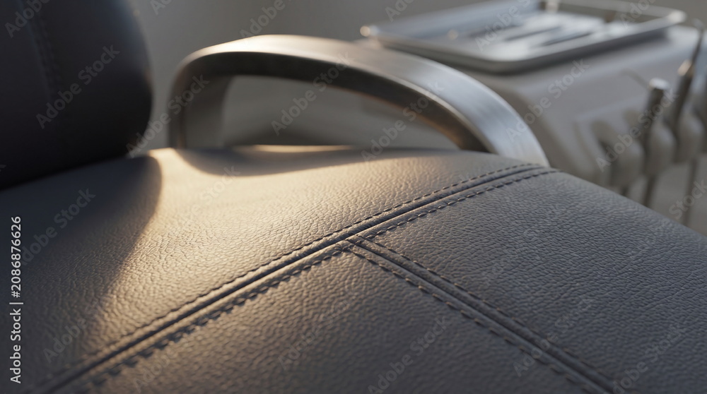 Obraz premium Close up of textured grey leather dental chair seat under warm dramatic lighting with blurred dental delivery unit in background