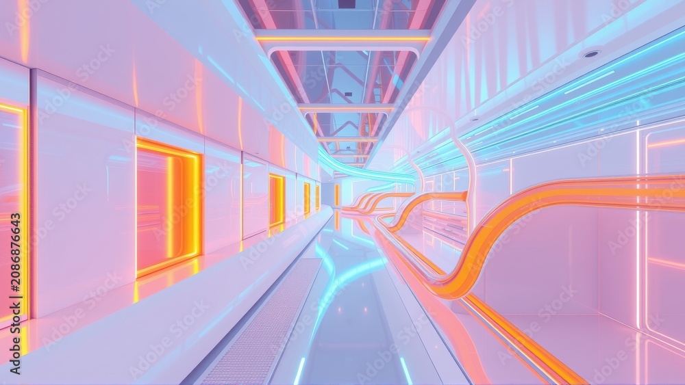 Fototapeta premium Futuristic corridor. Bright neon lights illuminate sleek white walls, creating vibrant, symmetrical perspective. Minimalist design.