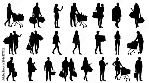 Set of diverse silhouettes of people walking and interacting in various poses isolated on transparent background, Vector