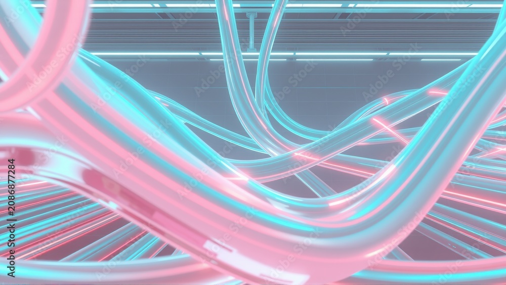 Fototapeta premium Abstract neon lines form complex structure. Pink, cyan glow against dark background. Futuristic, digital art impression.