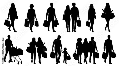 Diverse group of people walking with luggage and shopping bags isolated on transparent background, Vector
