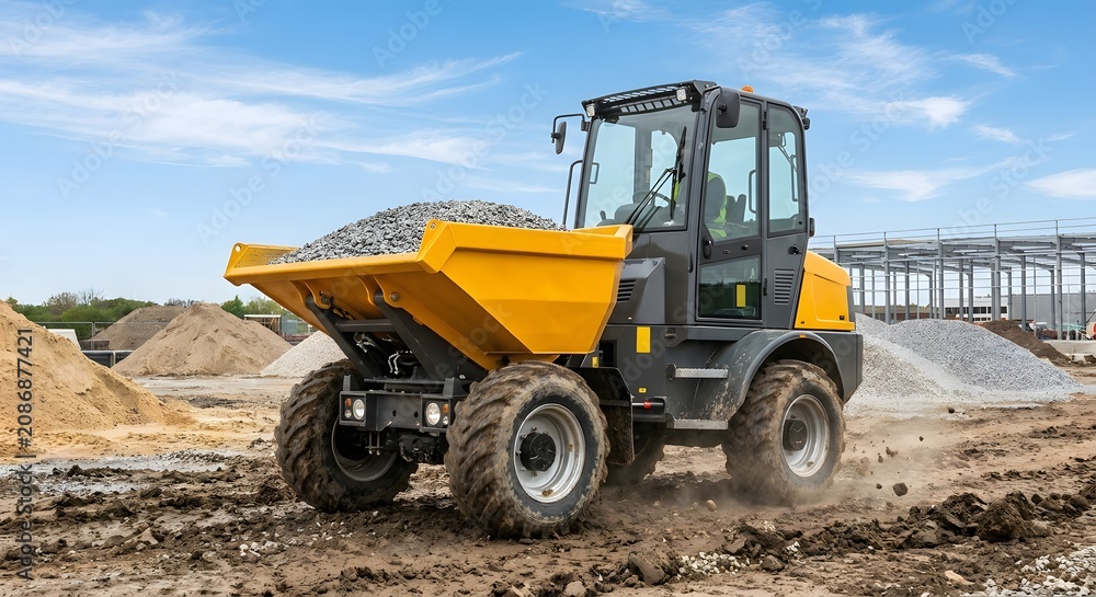 Fototapeta premium Site Dumper Transporting Gravel at Construction Site Under Blue Sky