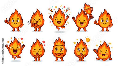Schilderij op canvas A vibrant collection of animated fire emojis display various happy emotions and actions on a white background