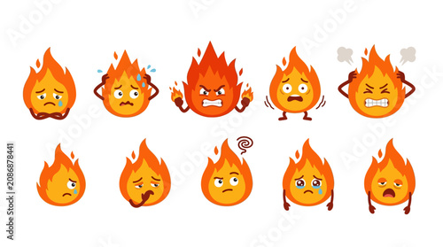 Tableau sur toile A collection of cartoon fire emojis depict various emotions and reactions on a white background