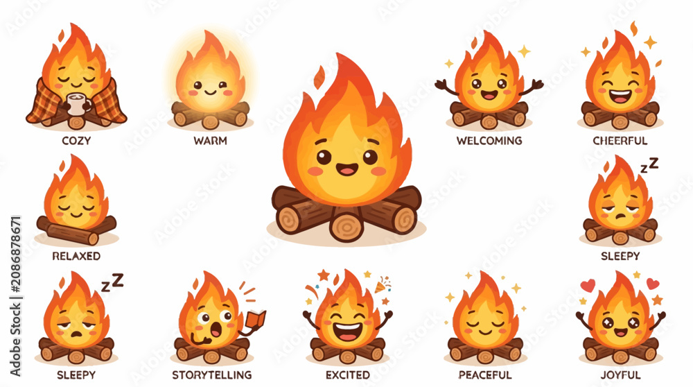 Fototapeta premium Emotive campfire emojis express various feelings around a blazing fire.
