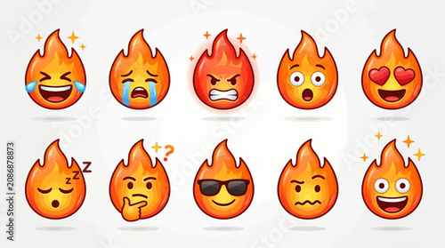 Foto A collection of various flame emojis expressing different emotions and reactions