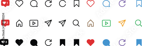 Collection of flat social media icons featuring speech bubbles hearts and search symbols on transparent background vector communication messaging heart icon like