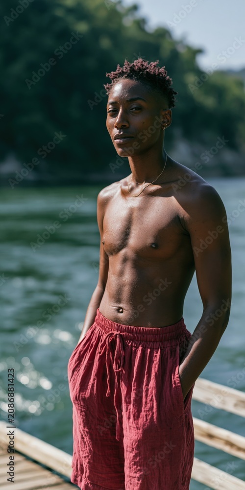 Fototapeta premium Shirtless young man standing on a wooden dock by a river wearing red shorts for portrait and lifestyle background