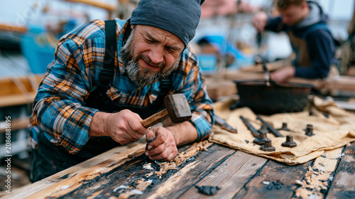 traditional boatbuilder at a maritime heritage yard caulking the deck seams of a restored gaff cutter with cotton oakum and a caulking mallet, apprentice feeding new seam compound from a heated pot,
