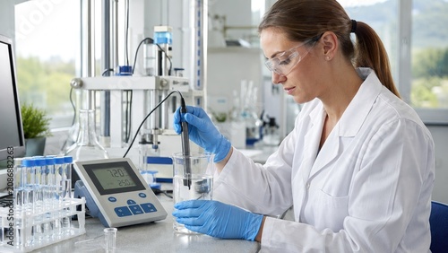 Woman scientist in a laboratory measuring a solution with a pH probe and digital meter, wearing gloves, safety glasses and a lab coat