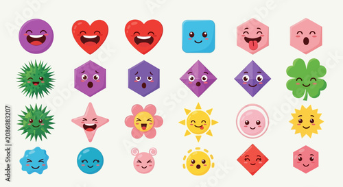 Foto Set of Colorful Kawaii Shape Icons with Various Facial Expressions and Cute Happ