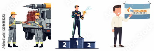 Construction Workers, Race Winner, Conference Speaker - Flat Vector Illustration