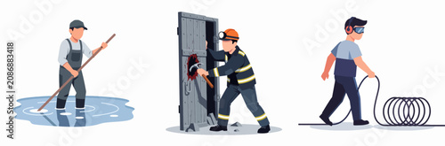 Three maintenance workers performing different utility tasks in a building