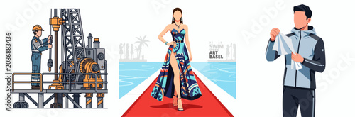 Oil Drilling Worker with Modern Machinery and Fashionable Red Carpet Event