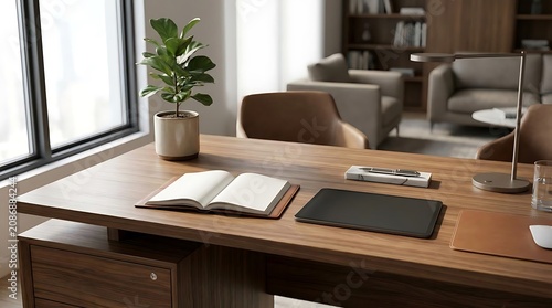 Modern executive office desk setup with professional accessories and plant
