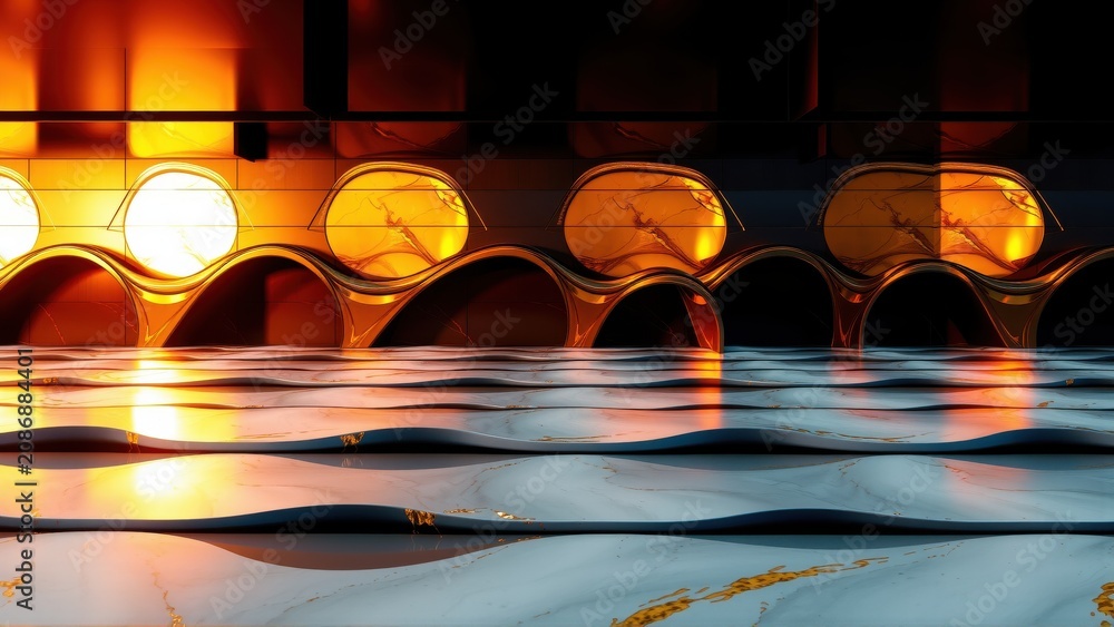 Fototapeta premium Abstract bridge design. Warm lights reflect upon water surface. Dramatic shadows create strong contrast, emphasizing curves.